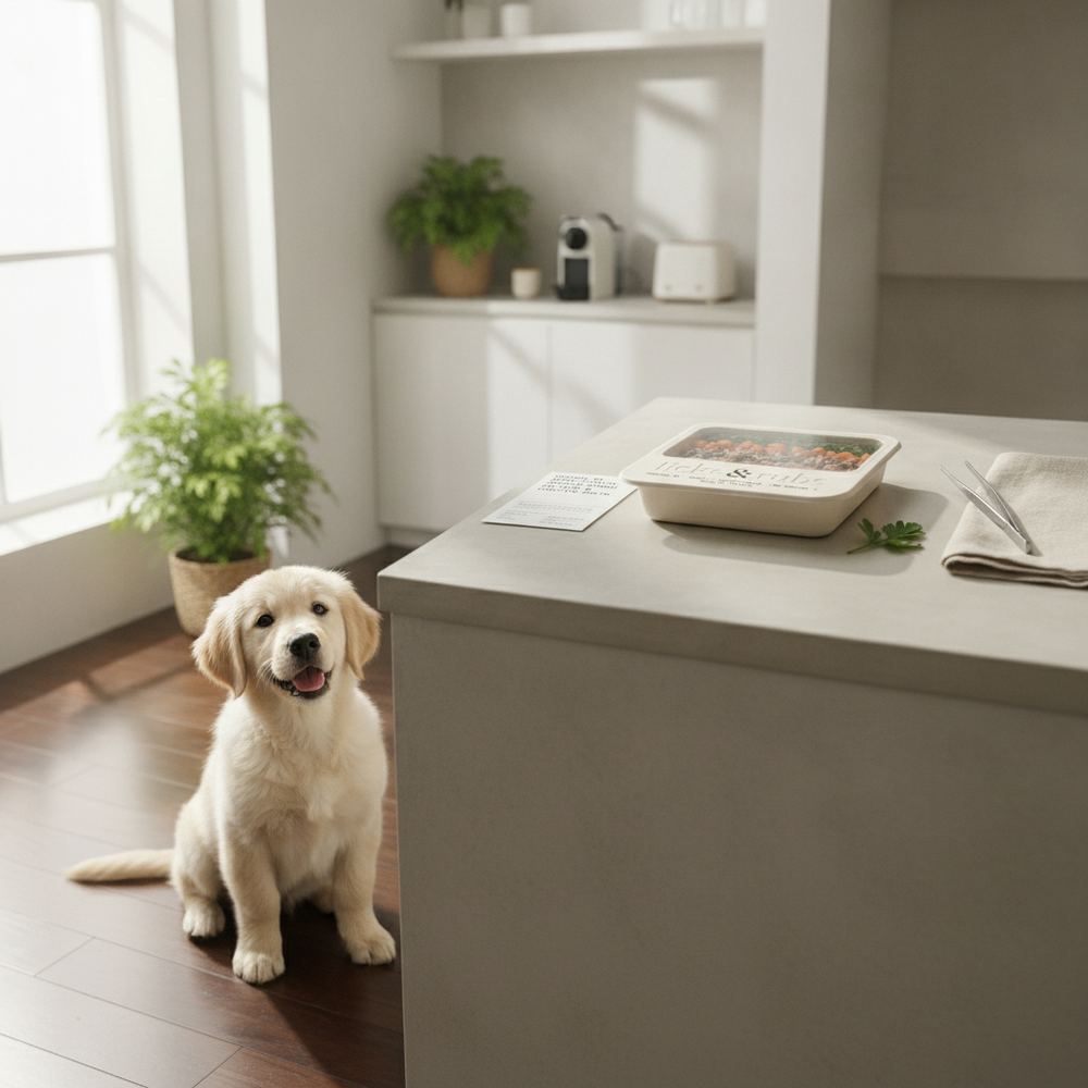 Dog in a kitchen, launch photography