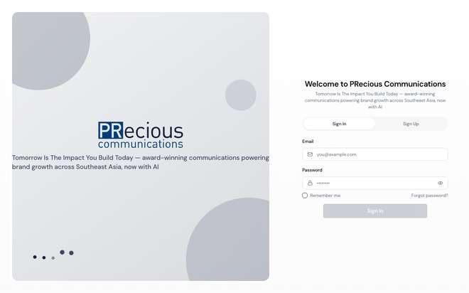 PRecious sign-in page