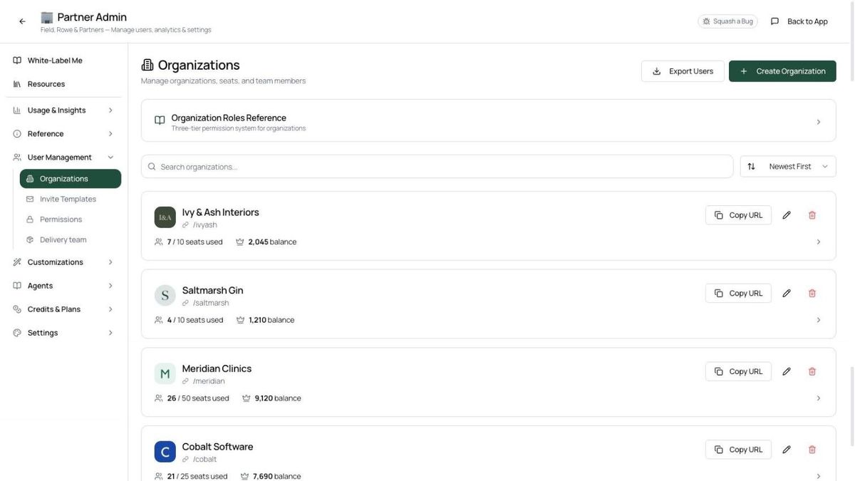 A partner admin listing the firm’s client organisations