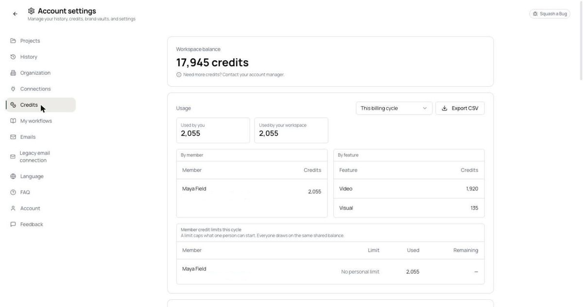 Credits and usage by person and feature