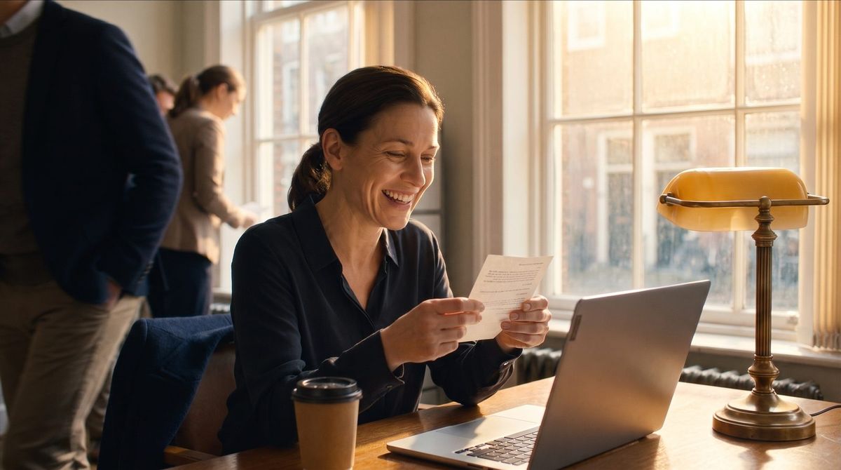 The founder laughing at her desk in the morning sun
