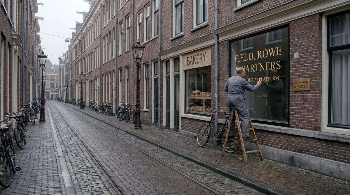 A sign painter gilding the firm’s name on the studio window