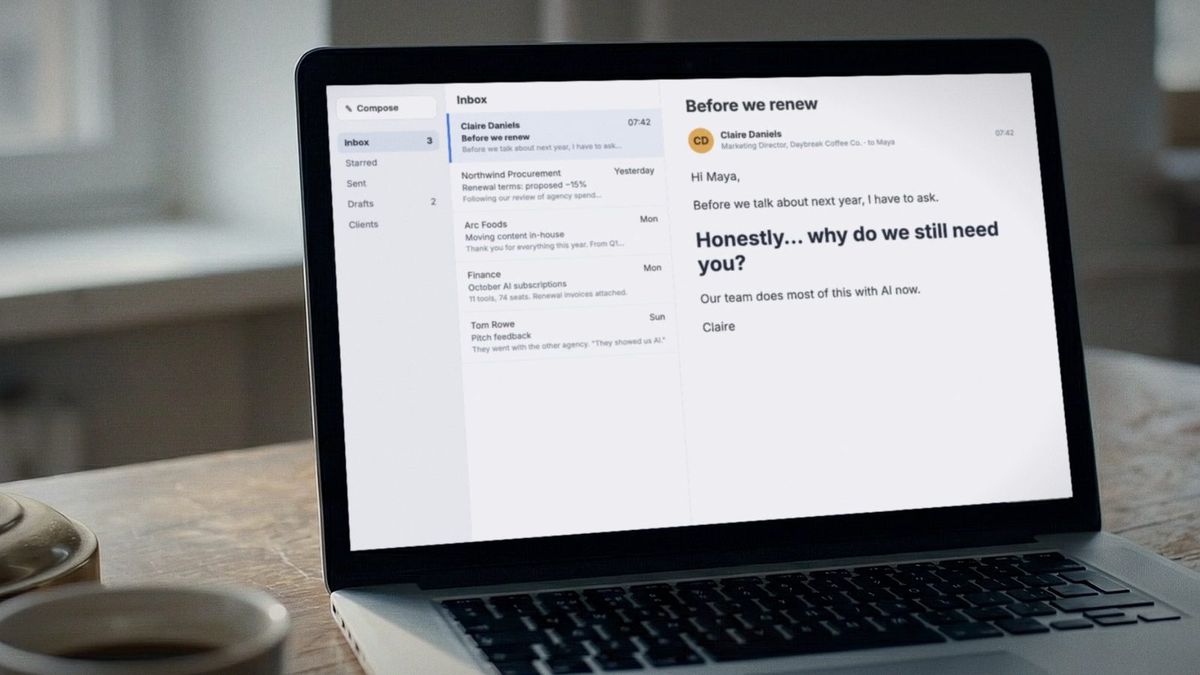 An email from the client on the founder’s laptop: Honestly, why do we still need you? Our team does most of this with AI now.