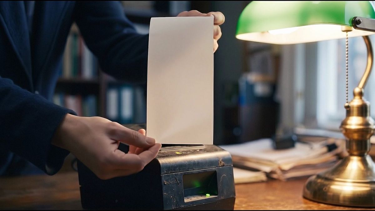 Her hands holding the torn statement, the blank back facing up