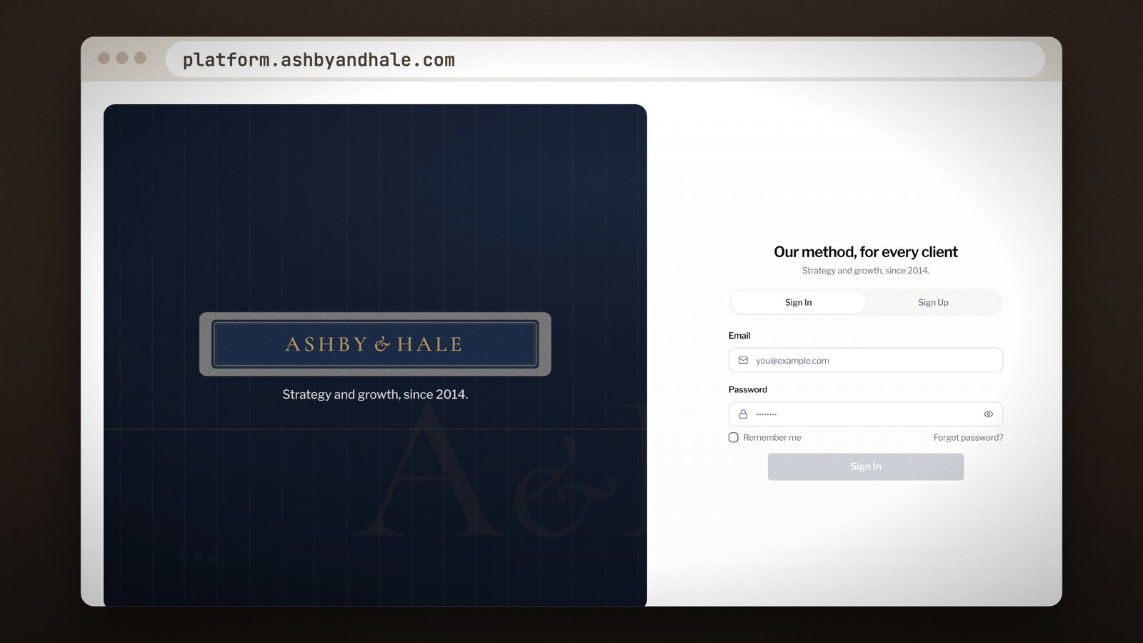 The firm’s own sign-in page at platform.ashbyandhale.com, in navy and brass