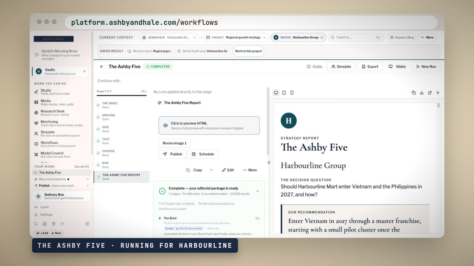The firm’s method running as a workflow for one client, month seven
