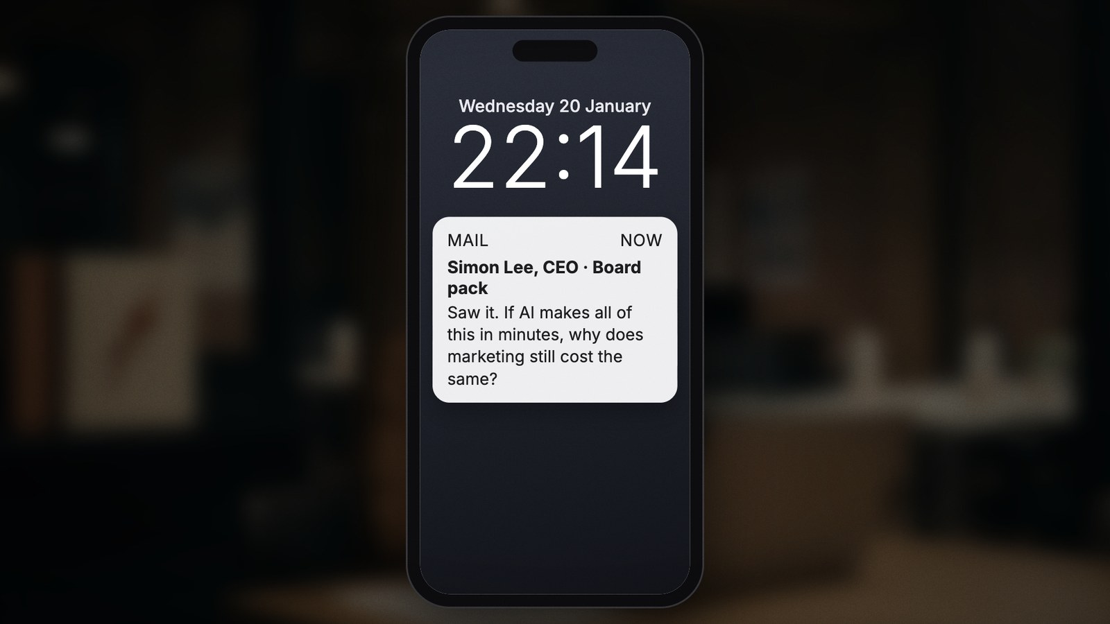 An email from the CEO on her phone at night: Saw it. If AI makes all of this in minutes, why does marketing still cost the same?