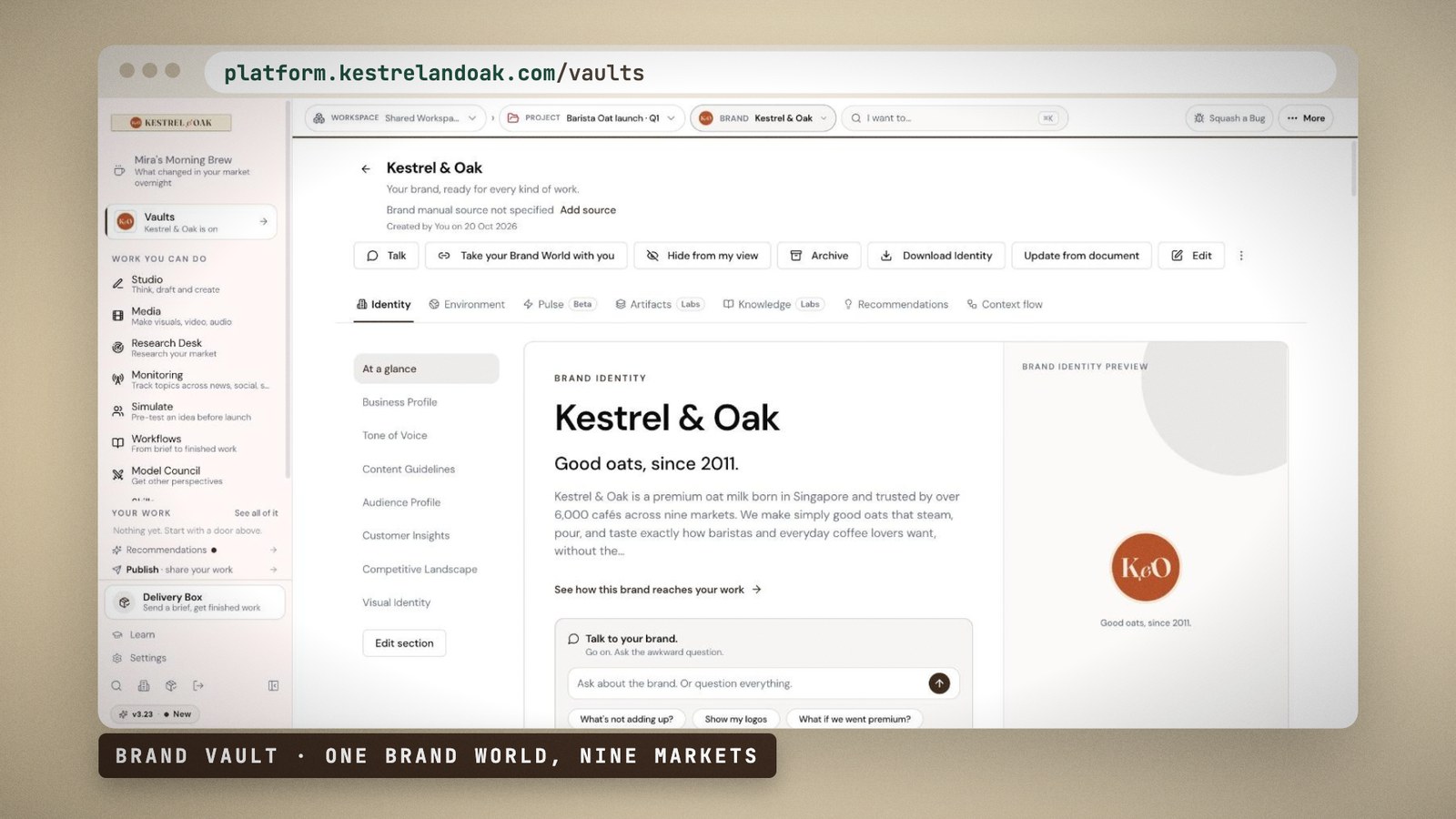 The Brand Vault on Kestrel and Oak’s own platform